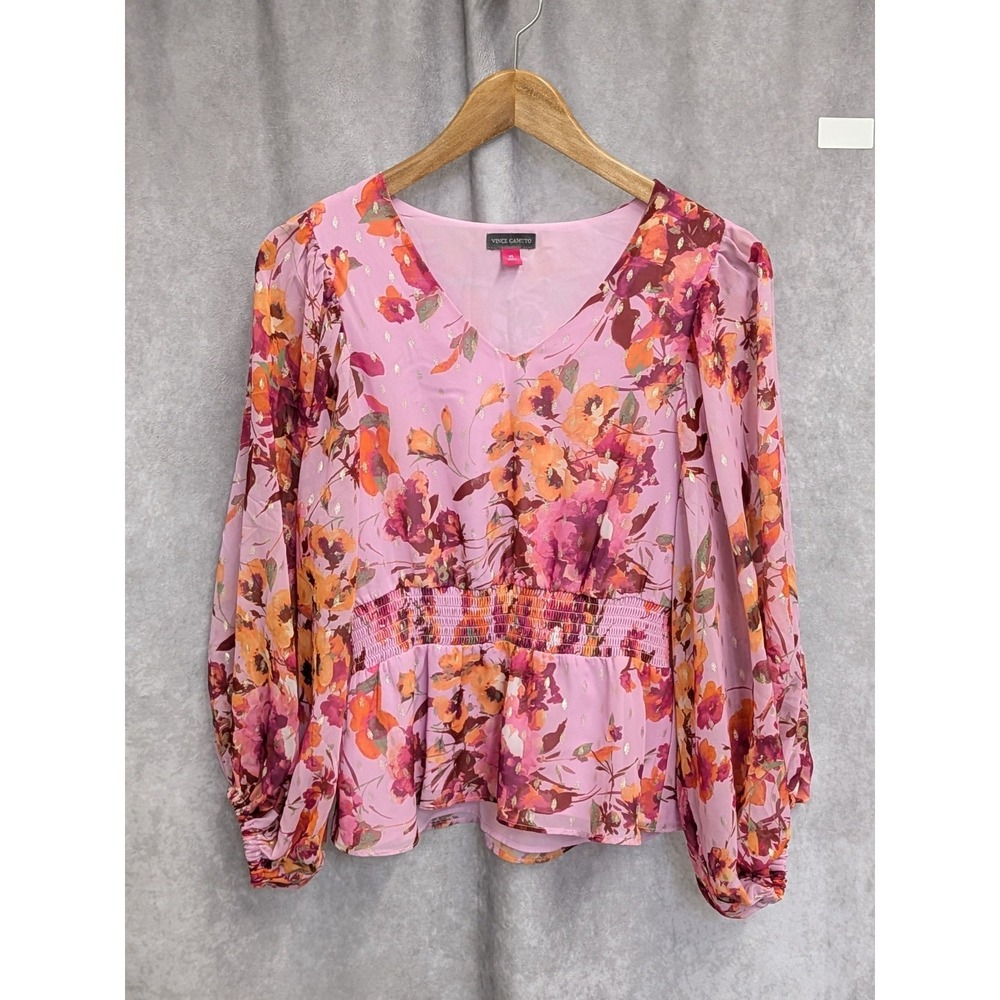 Vince Camuto Women Aura Floral Smocked Waist Top Pink / Orange Blouse XS